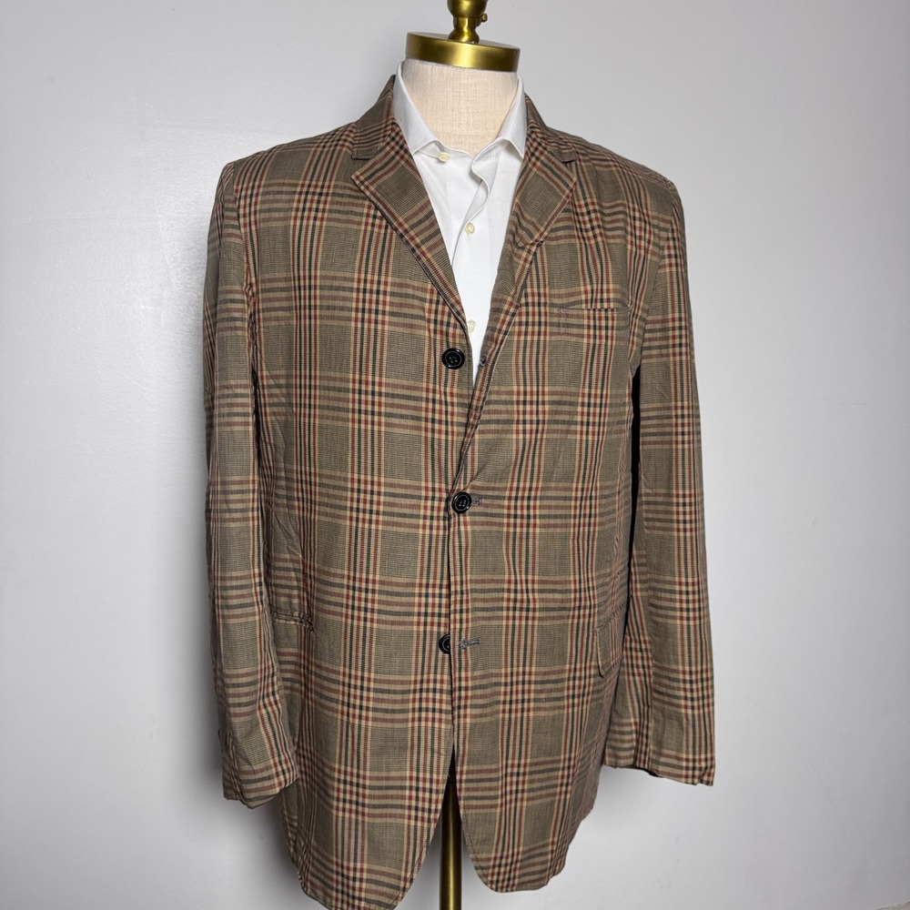 1970s Wash and Wear Blazer Mens 42L Brown Plaid Vintage 3-Button Sport Coat